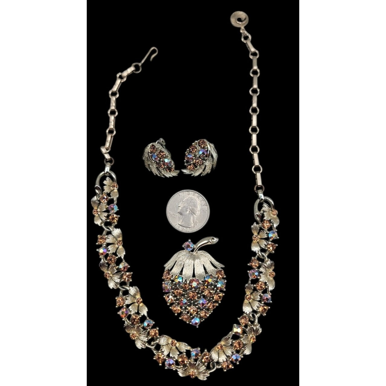 Vintage Lisner Parure Aurora Borealis Strawberry Jewelry Set Gold Tone ESTATE