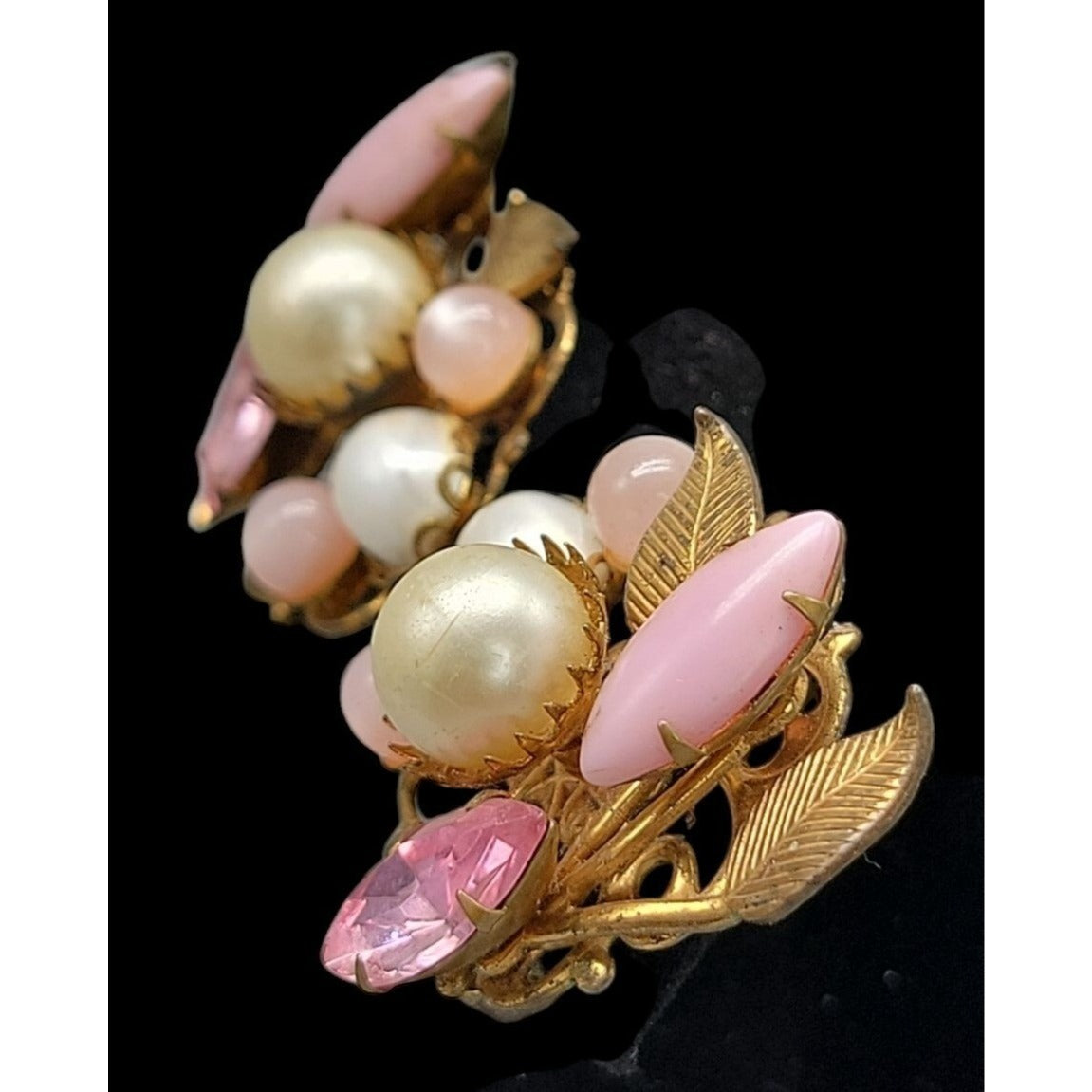 Vintage Floral Clip-On Earrings Pink Rhinestones Faux Pearls Unsigned 1950s