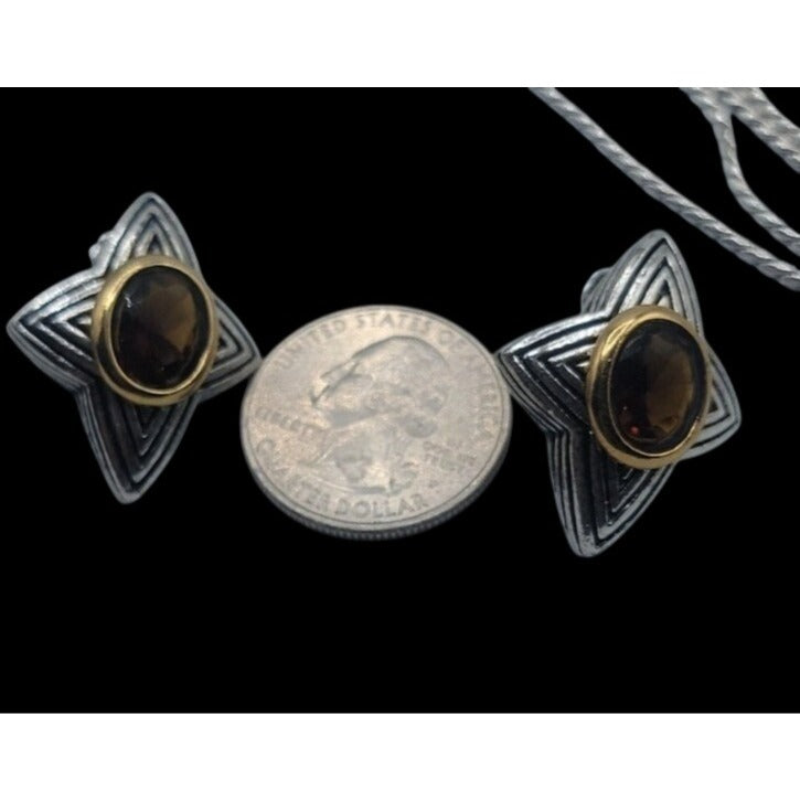 Vintage Avon Amber Star Pendant Necklace & Earrings Silver Tone 16" Chain