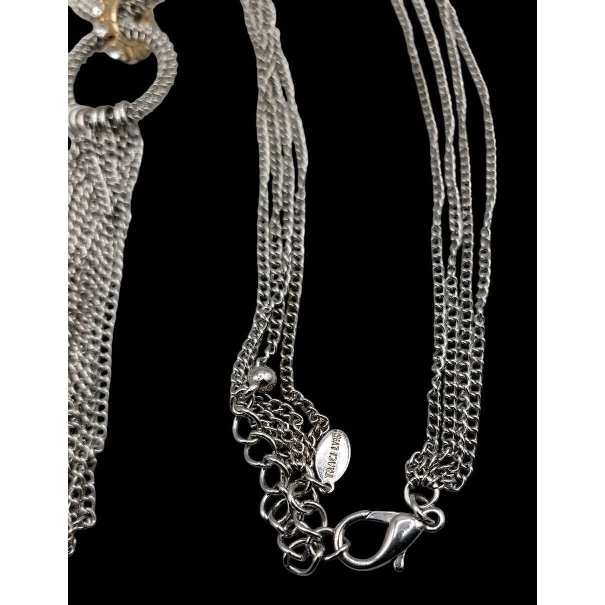 Traci Lynn Interlocking Ring Statement Tassel Necklace Silver Tone 24" Vintage