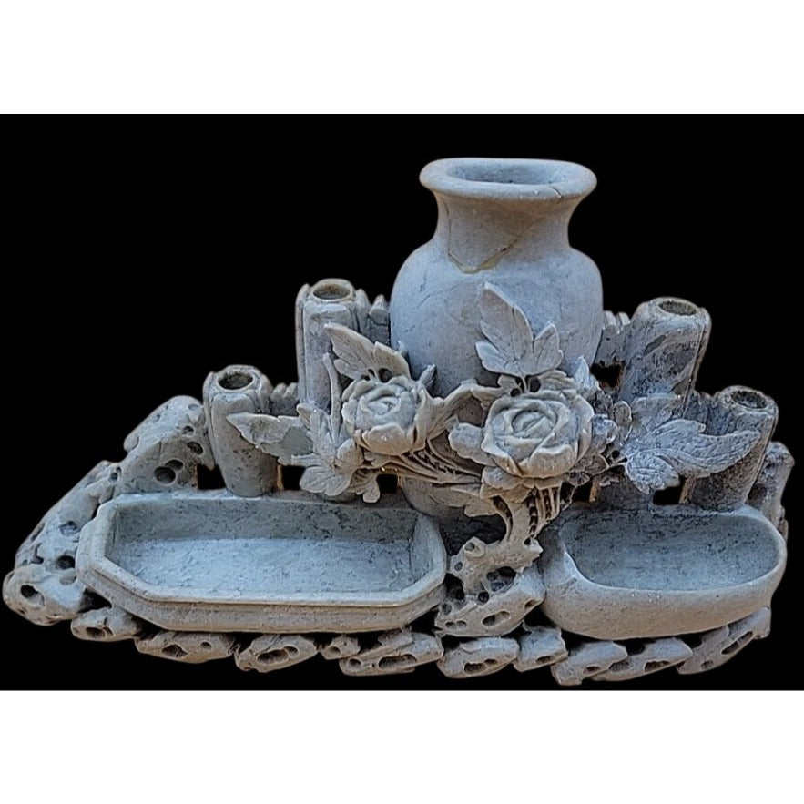 Antique Chinese Hand-Carved Soapstone Scholars Desk Tableau Brush Holder Inkwell