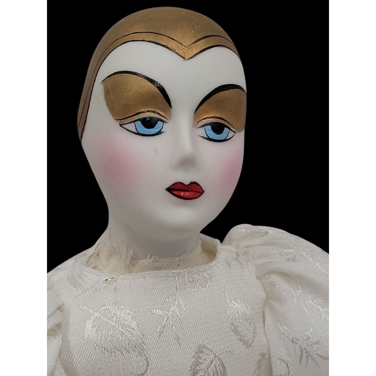 VTG Italian Harlequin Pierrot Porcelain Doll Collectors Gold White Clothes 14"