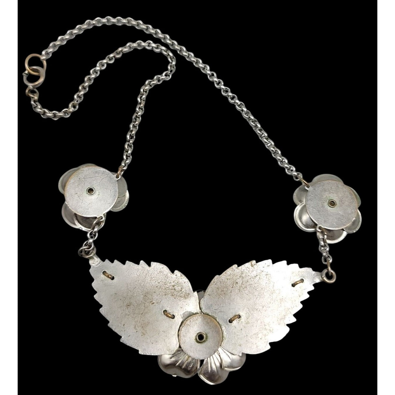 Vtg 1940s Carved Blue Lucite Floral Bib Necklace WWII Pot Metal Unsigned