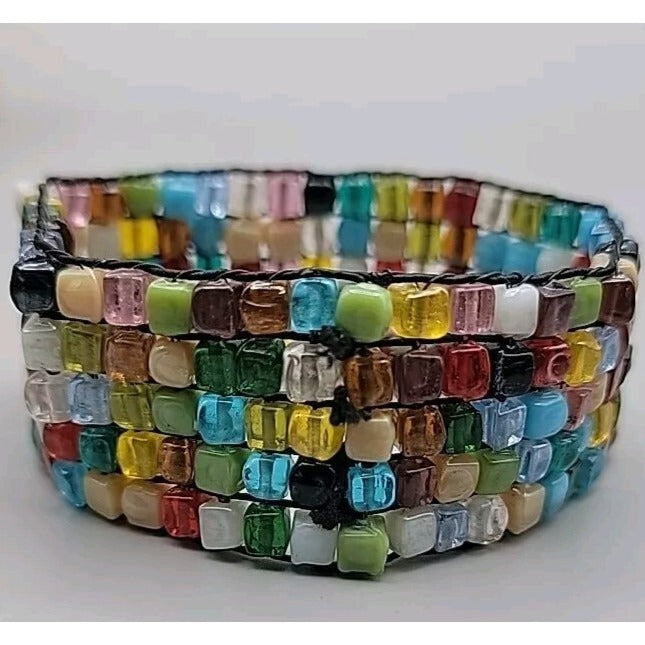 Multi Semi-Precious Gem Stone Glass Mosiac Stretch Bracelet Up To 8" Rough Cut