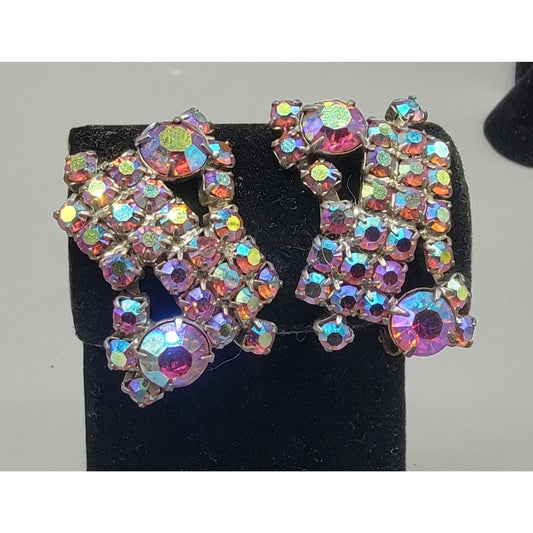 Alice Caviness Multi-Colored Aurora Borealis Clip On Earrings VTG Unsigned