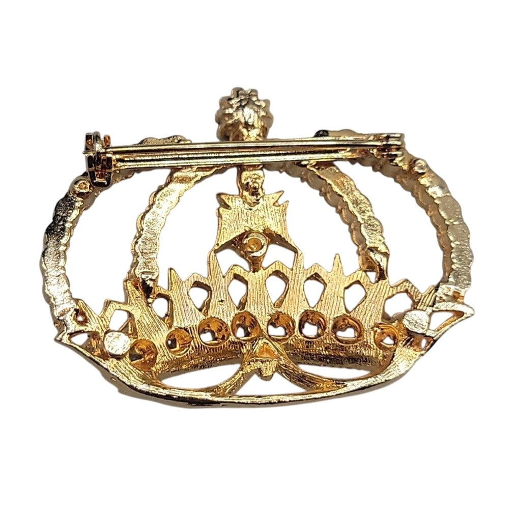 Vintage Crystal Jeweled Crown Brooch Pin Gold Tone Green Clear Rhinestones