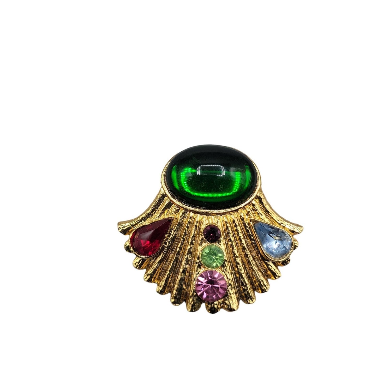 Designer Brooch High End Colorful Gold Tone Molded Glass Rhinestones