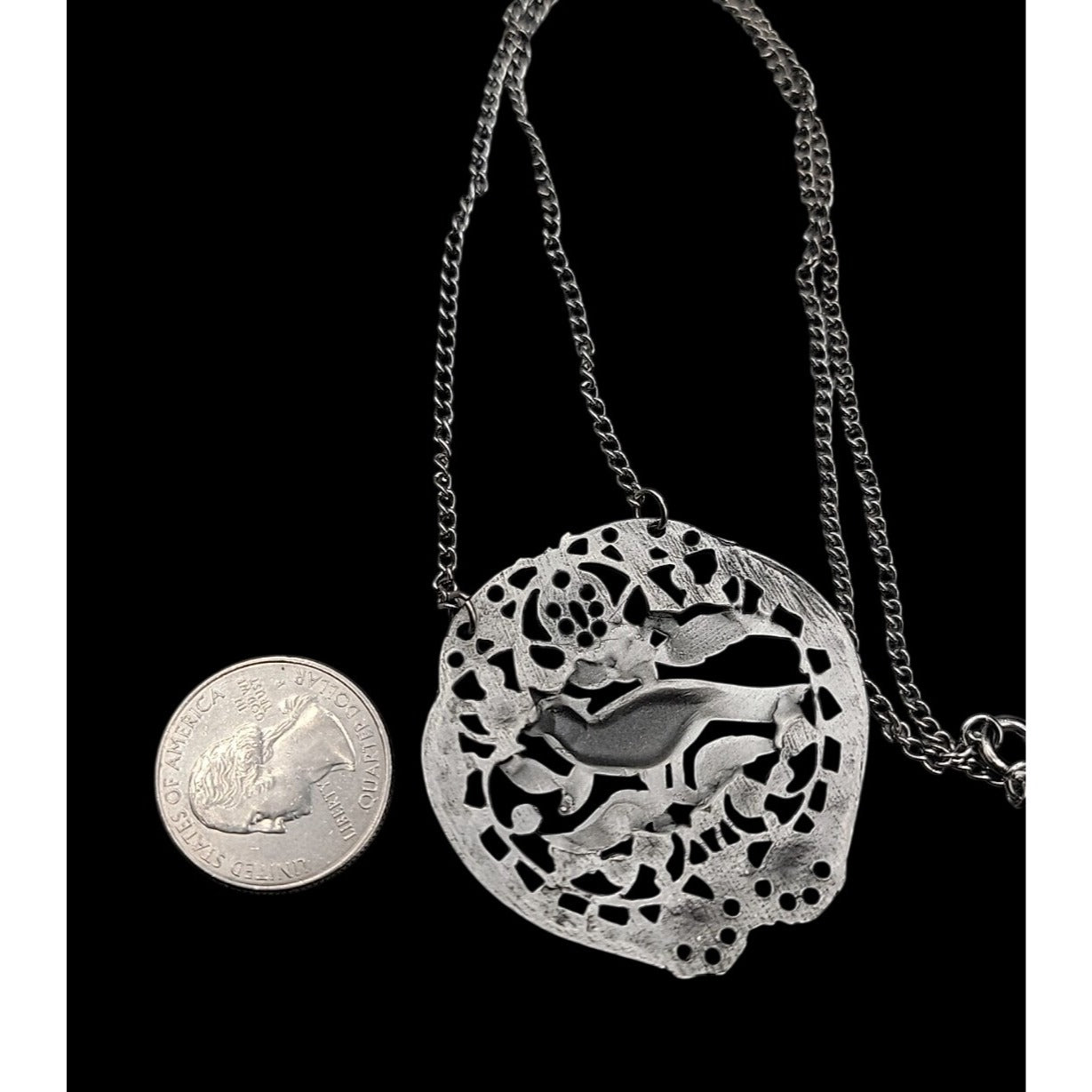 Vintage Bird Floral Pendant Silver Tone Filigree Open-Work Design 18" Chain