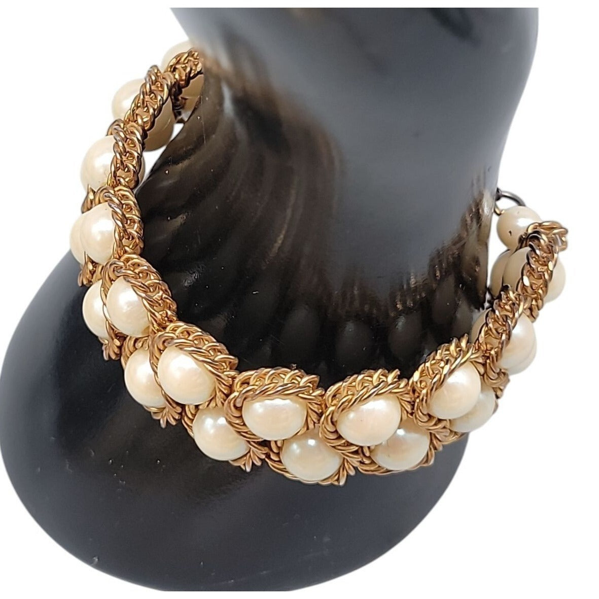 Vintage Imitation Pearl Double Woven Row Bracelet Gold Tone 6" Iridescent Glow