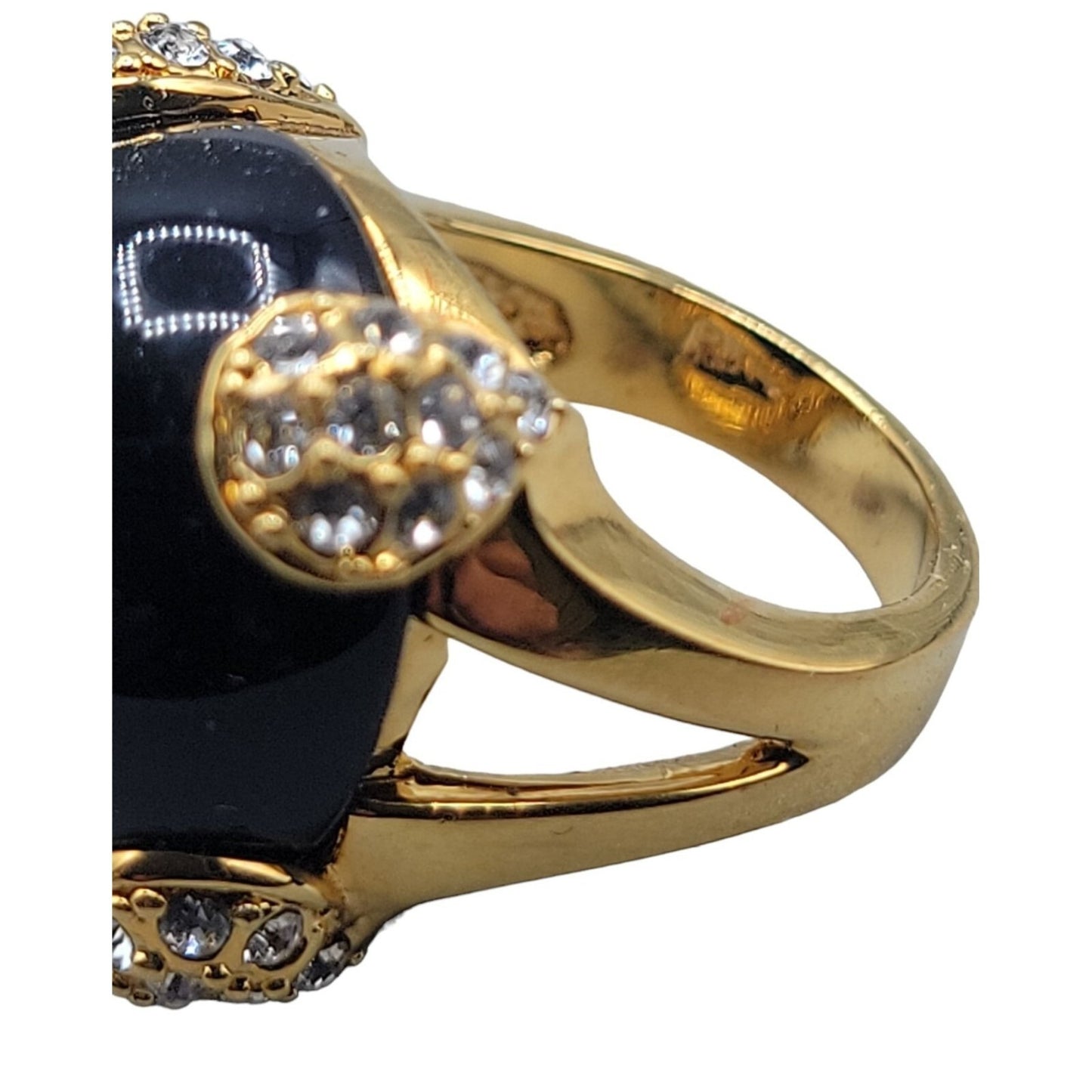 Cobalt Blue Bubble Art Glass Ring 18kgp 7.5 Signed RM Rhinestones Gold Tone