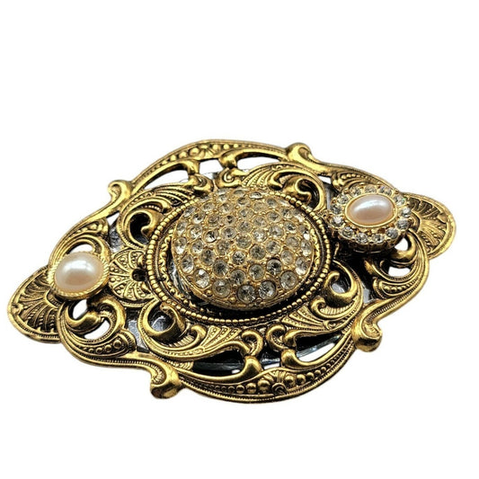 Antique Style Gold Openwork Scroll Border Oval Brooch Large Victorian Revival