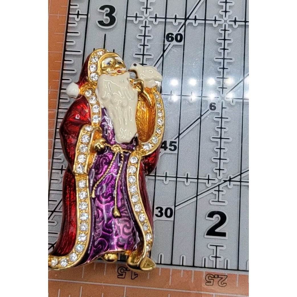 Christopher Radko Pin Santa Claus Brooch Signed Red Purple Enamel Rhinestones