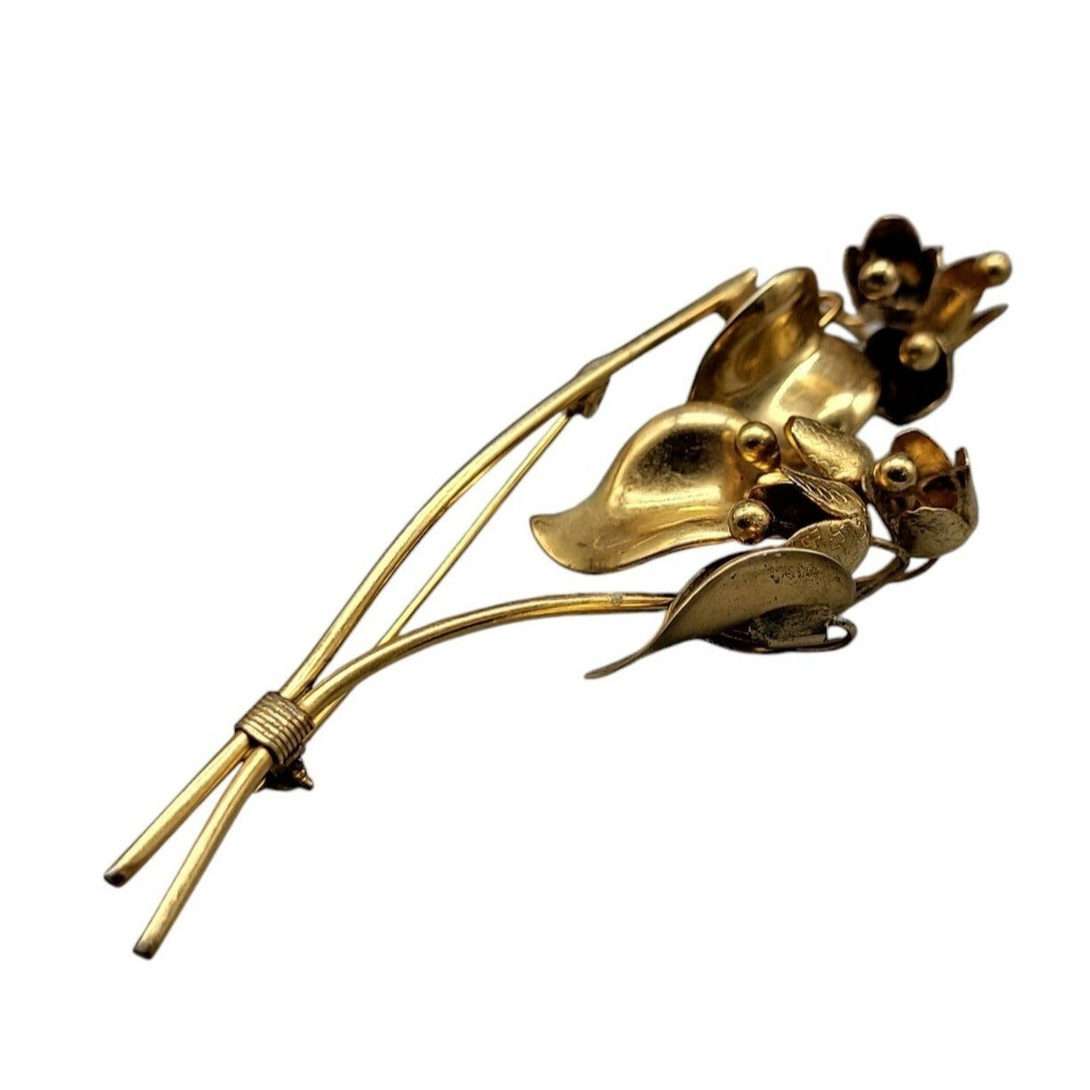 Large Flower Brooch Gold Plated Stemmed Floral Vinatge Large Pin