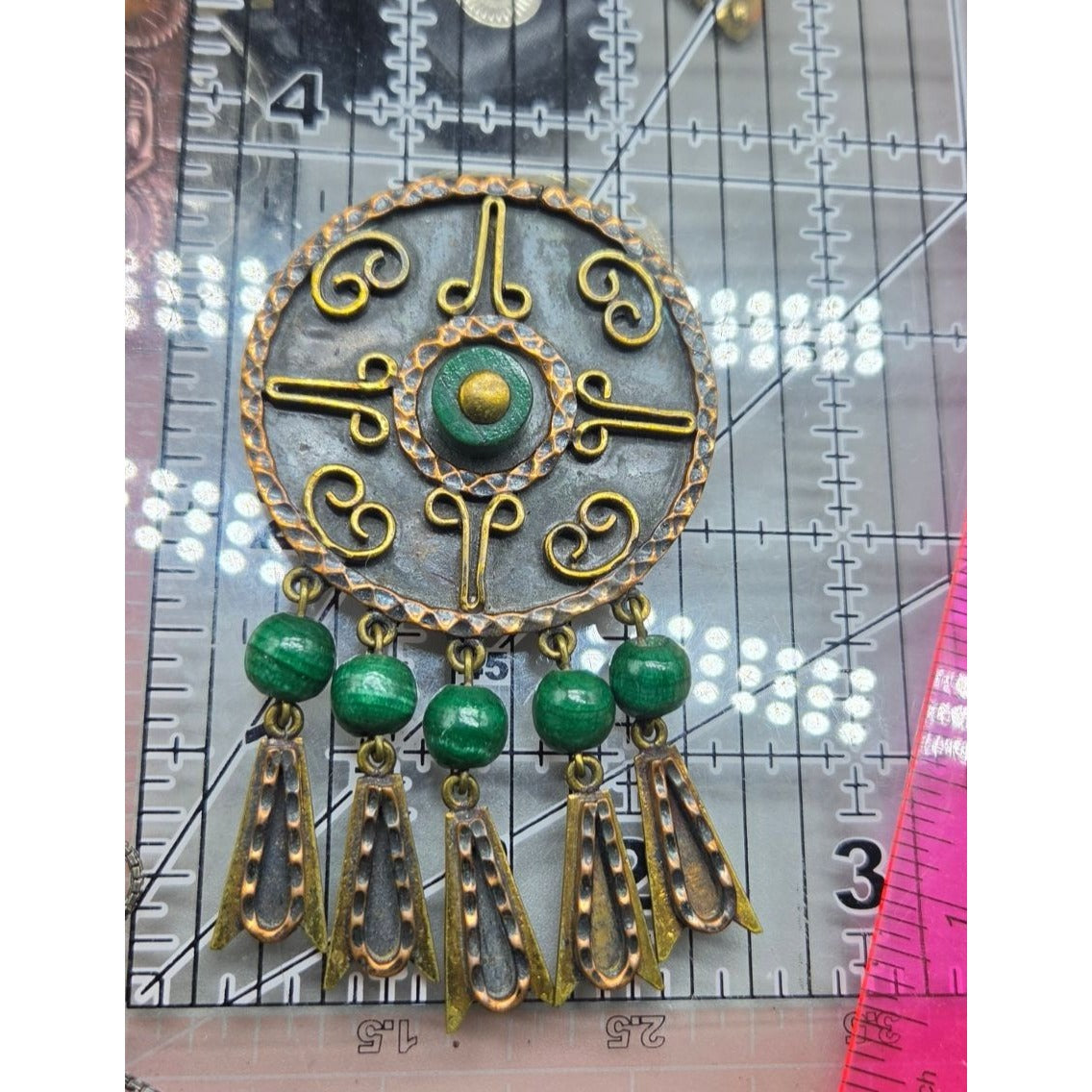 Vtg Maya Mexico Mixed Metal Copper Brass Malachite Bead Dangle Brooch Pendant