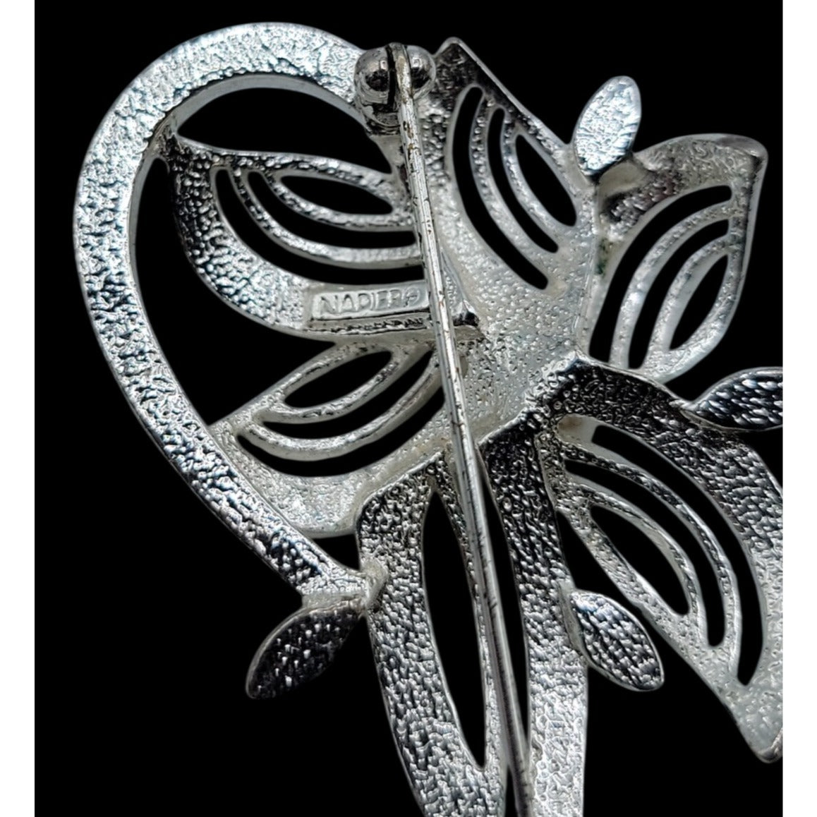 Vintage Napier Flower Brooch Pin Silver Tone Rhinestone Flower On Stem Brooch
