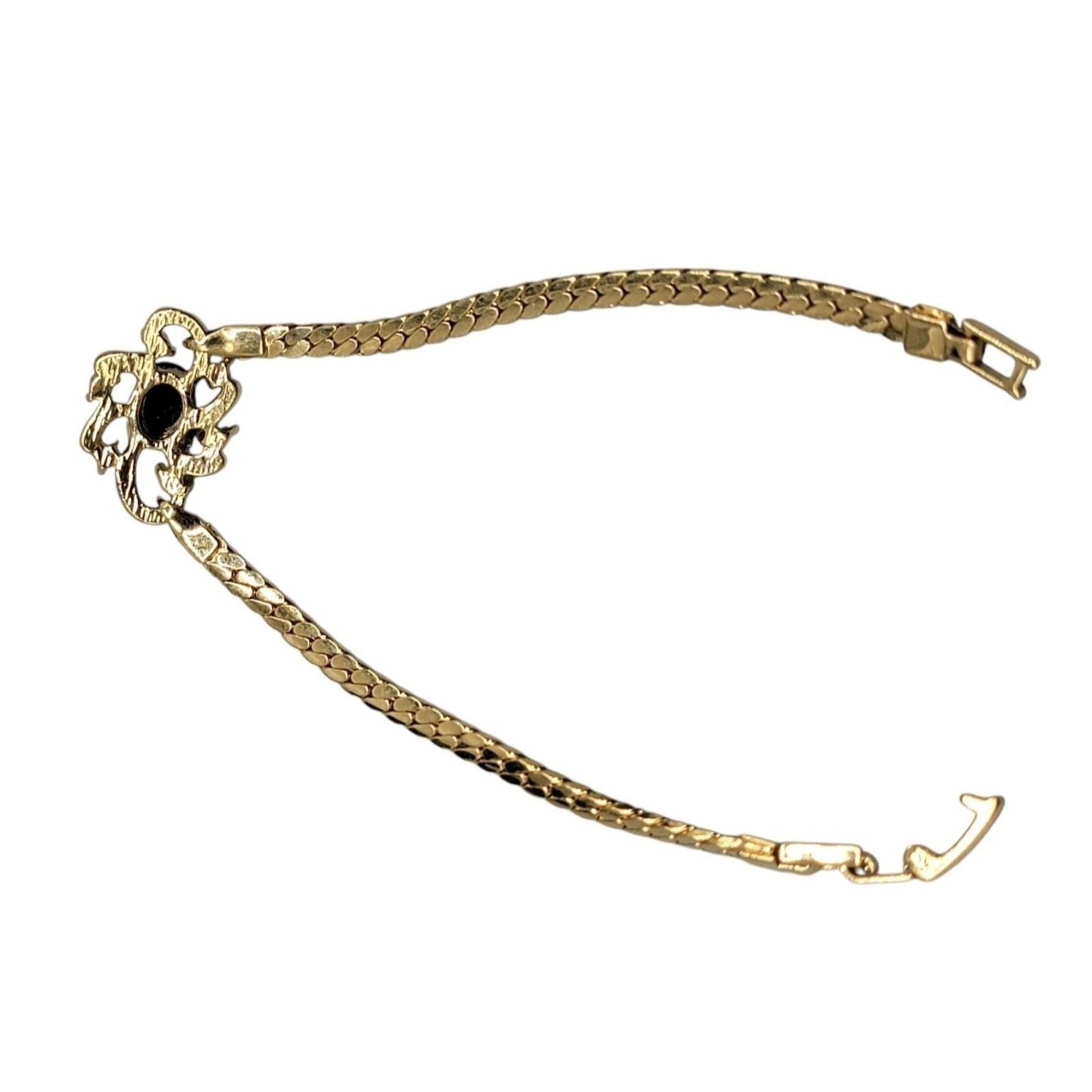 Onyx Crystal Swirl Bracelet Floating Gemstone Charm Gold Plated Chain Size 6.75"