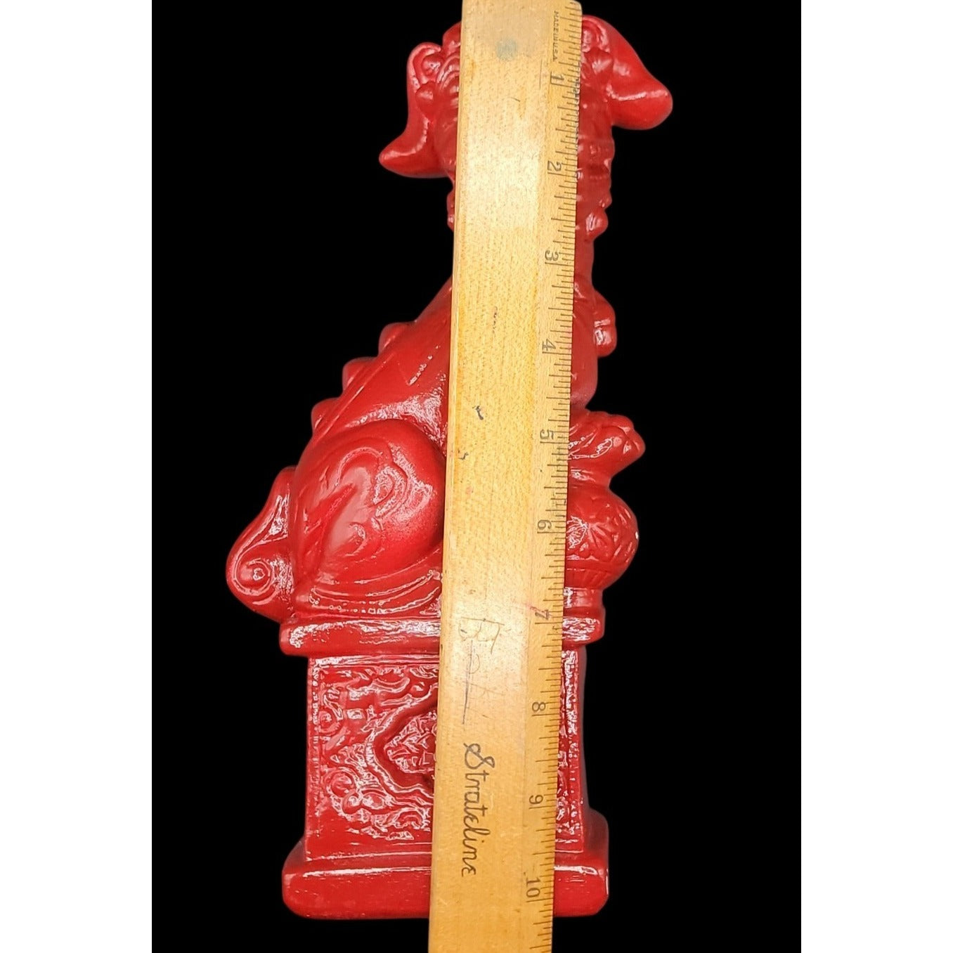 Vintage Red Ceramic Foo Dog Statue 10.25” Chinese Guardian Lion Figurine Male