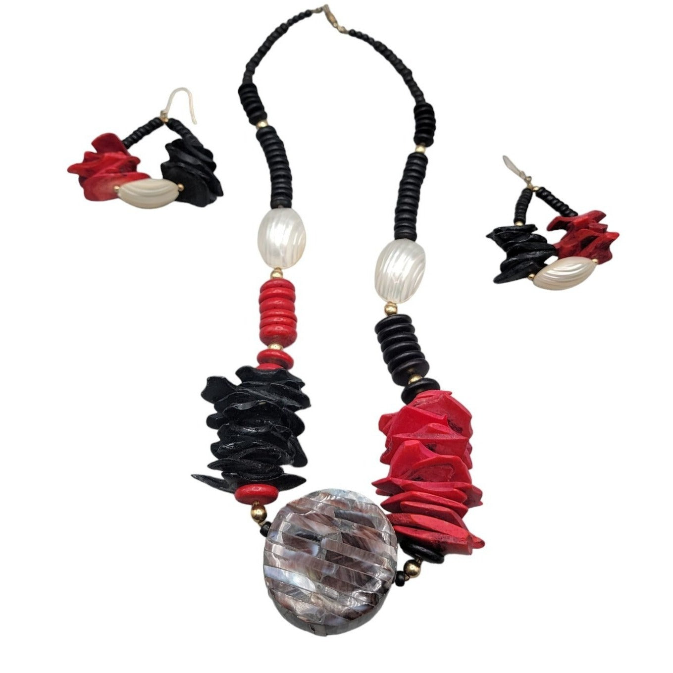 Boho Style Large Shell Pendant Necklace & Earrings Red Black Wood White Glass