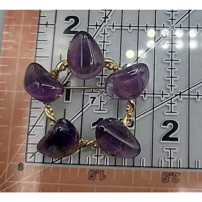 Tumbled Polished Amethyst Gemstone Brooch Twisted Gold Tone Setting Purple Gems