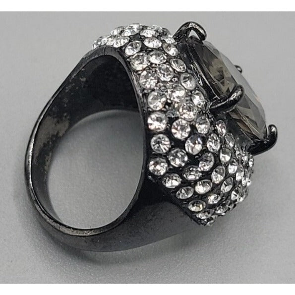 Smokey Black Cabochon Cocktail Ring Rhinestone Accent Gunmetal Gray Size 8