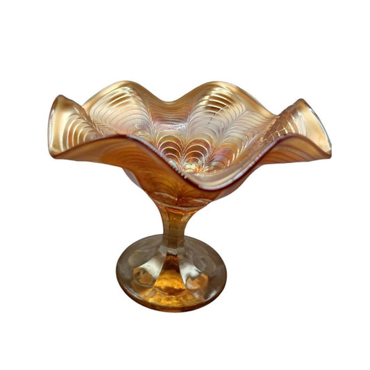 Antique Fenton Marigold Peacock Tail Carnival Art Glass Ruffled Footed Pedestal