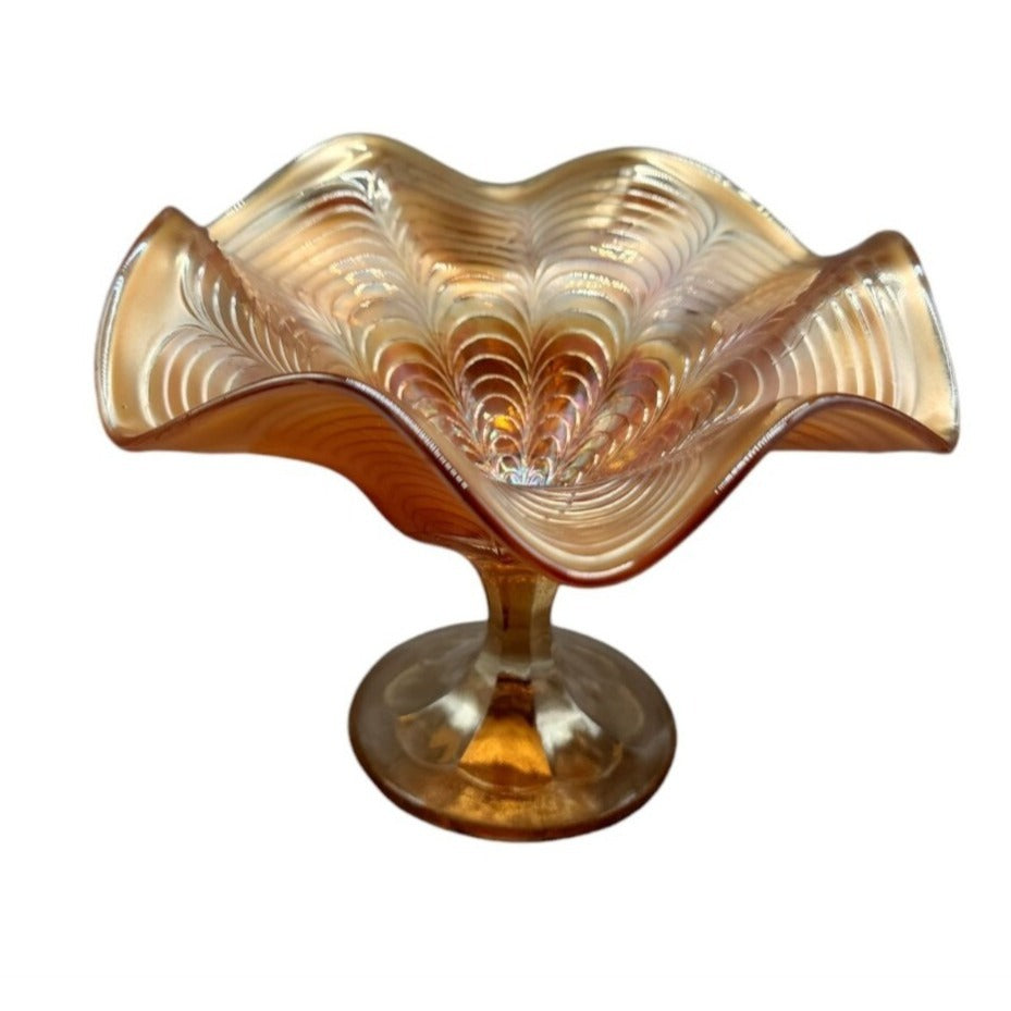 Antique Fenton Marigold Peacock Tail Carnival Art Glass Ruffled Footed Pedestal