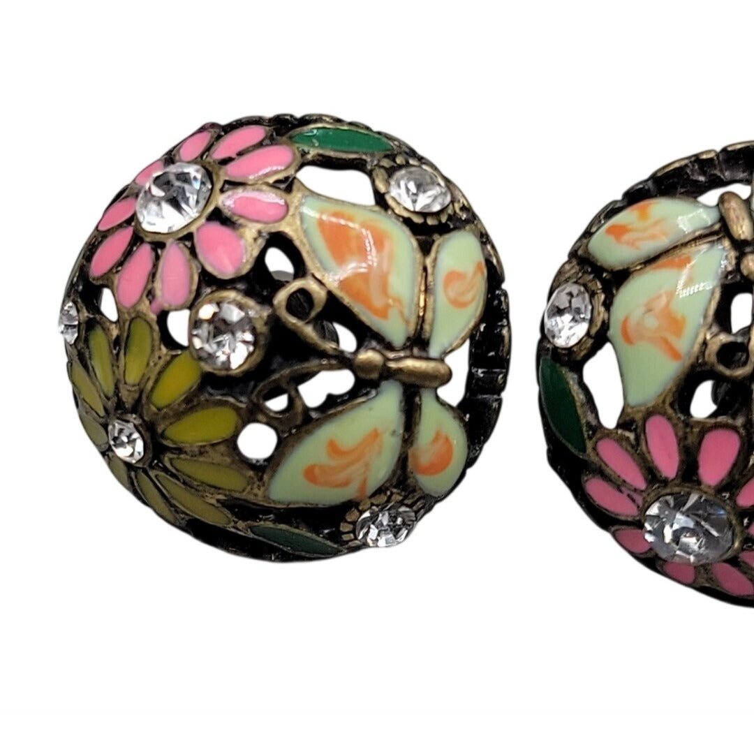 Cloisonne Butterfly Flower Button Earrings Rhinestone Dome Post Pierced Ears