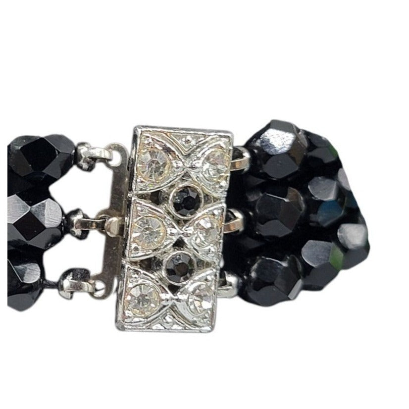Vintage French Jet Beaded Multistrand Bracelet Crystal Clasp 1930s Size 7.5
