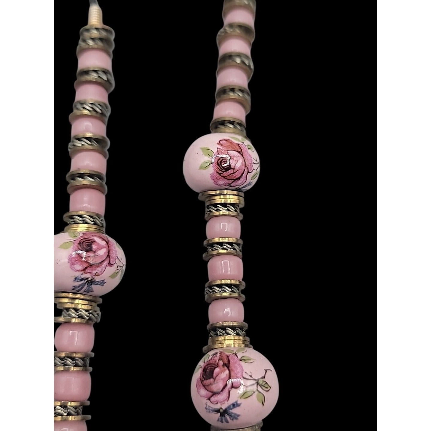 Glass Handpainted Floral Beaded Necklace Gold & Silver Tone Spacers 25" Leather