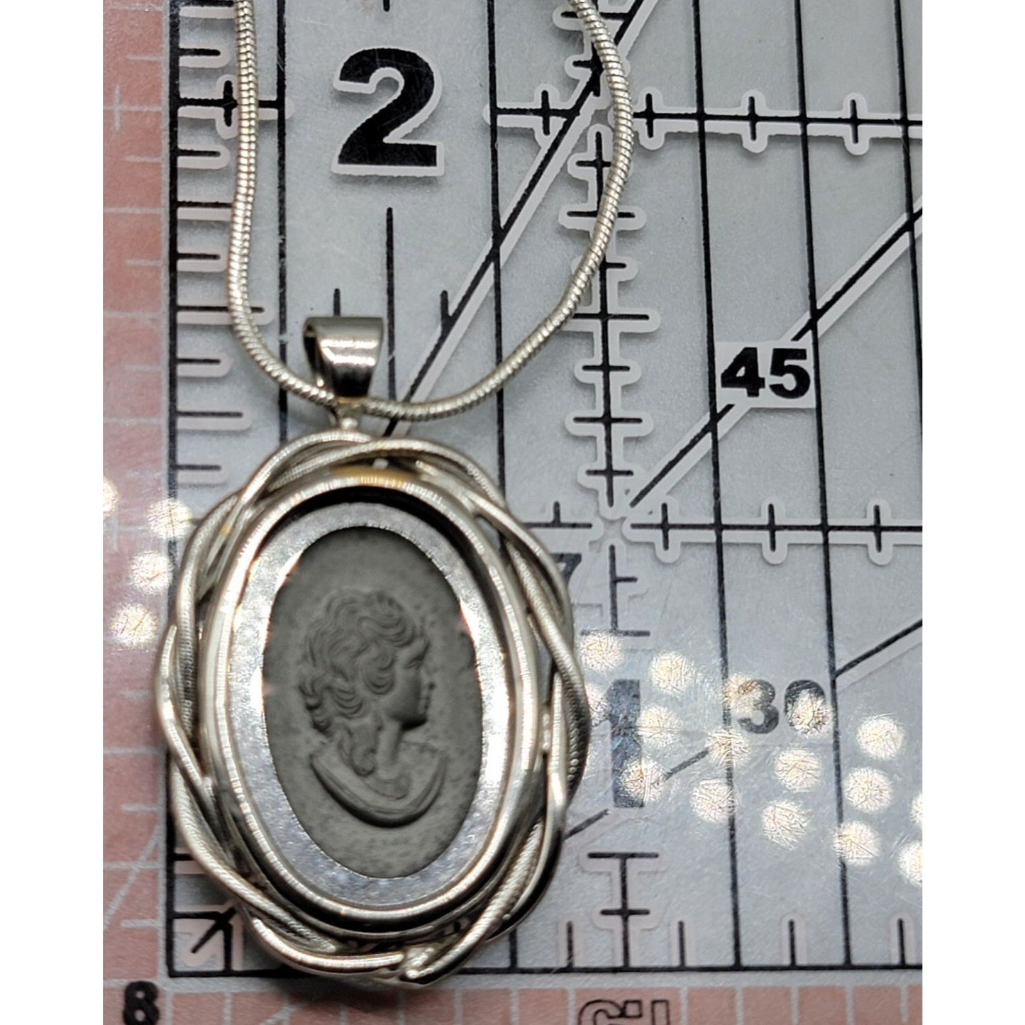Reverse Intaglio Metal Cameo Pendant Necklace VTG Braided Silver Tone Frame 18"