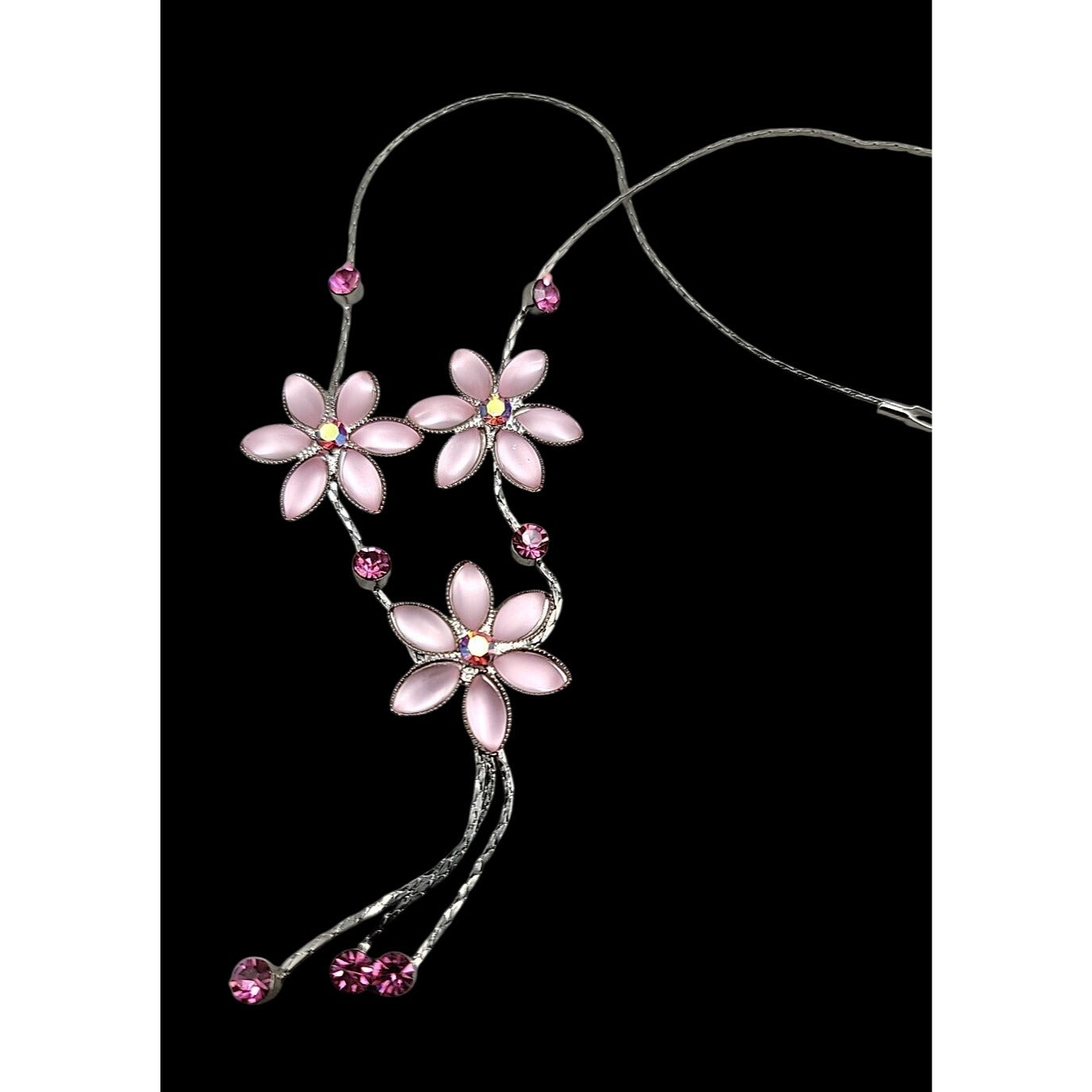 Vintage Blush Pink AB Rhinestone Floral Tassle Necklace 16" Chain
