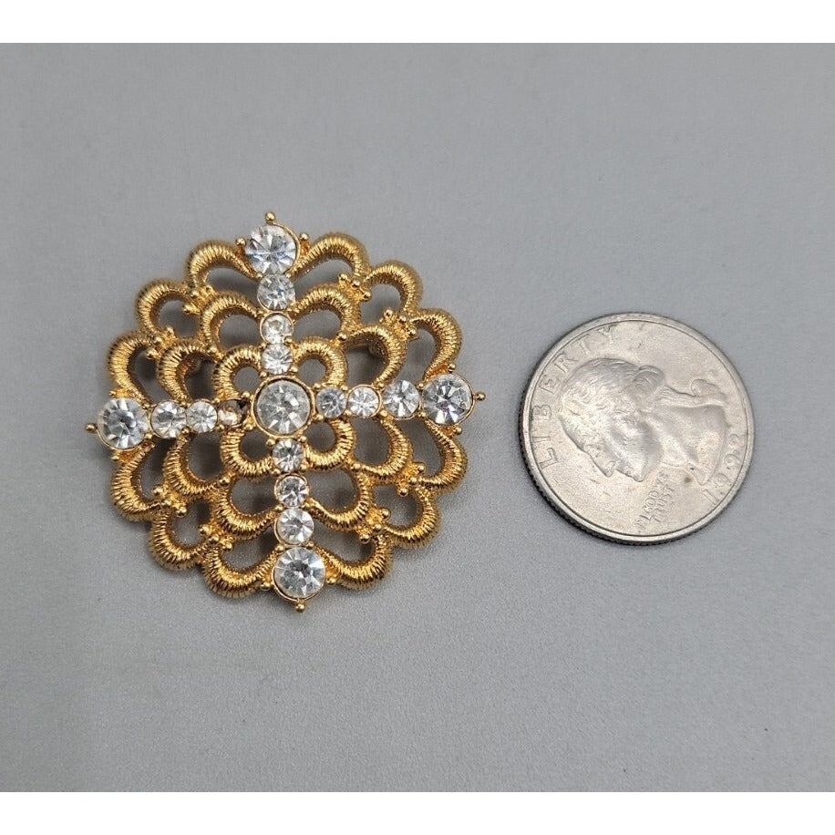 Vintage Monet Rhinestone Cross Brooch Pin Round Dome Textured Gold Tone