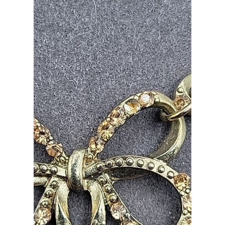 Vintage Roman Triple Bow Necklace Gold Tone Yellow Crystals 18" Chain Signed