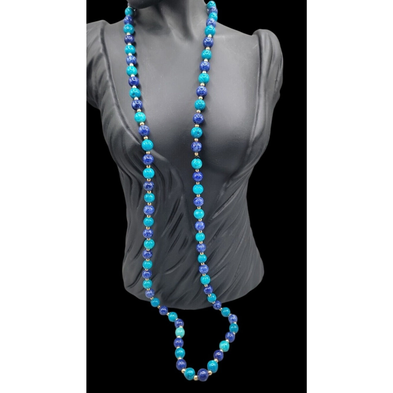 Lapis Lazuli Turquoise Bead Necklace 32" Multi-Blue Hue Smooth Round Gemstones