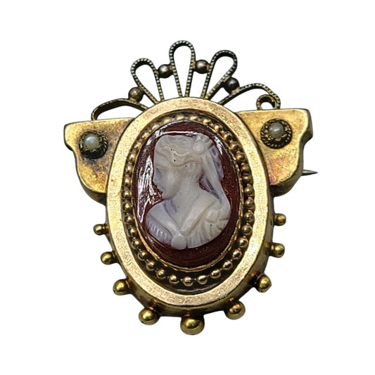 Antique Victorian Carnelian Carved Cameo Brooch Gold Plated Seed Pearl Accents
