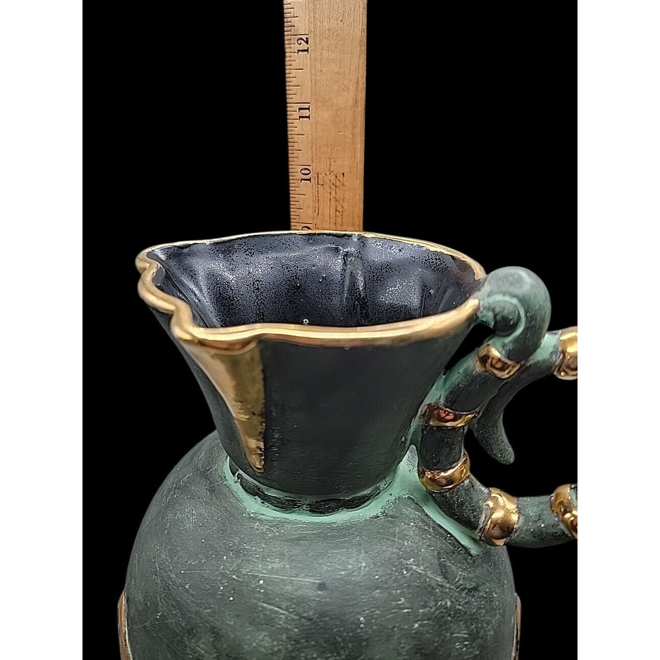 Vtg Stewarts Spain Art Pottery Pitcher Vase Verdigris Green Gold Geometric N1