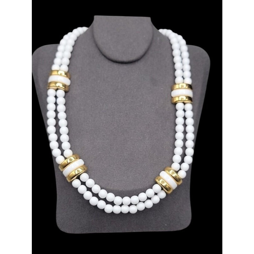 Vintage Monet Double Strand White & Gold Beaded 17" Choker Collar Necklace