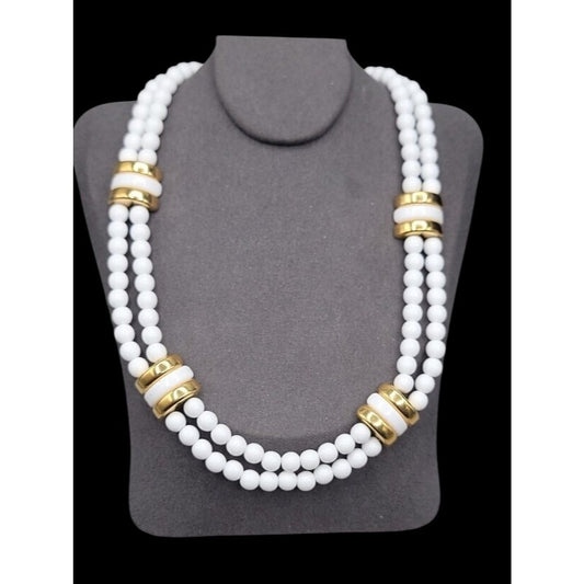 Vintage Monet Double Strand White & Gold Beaded 17" Choker Collar Necklace