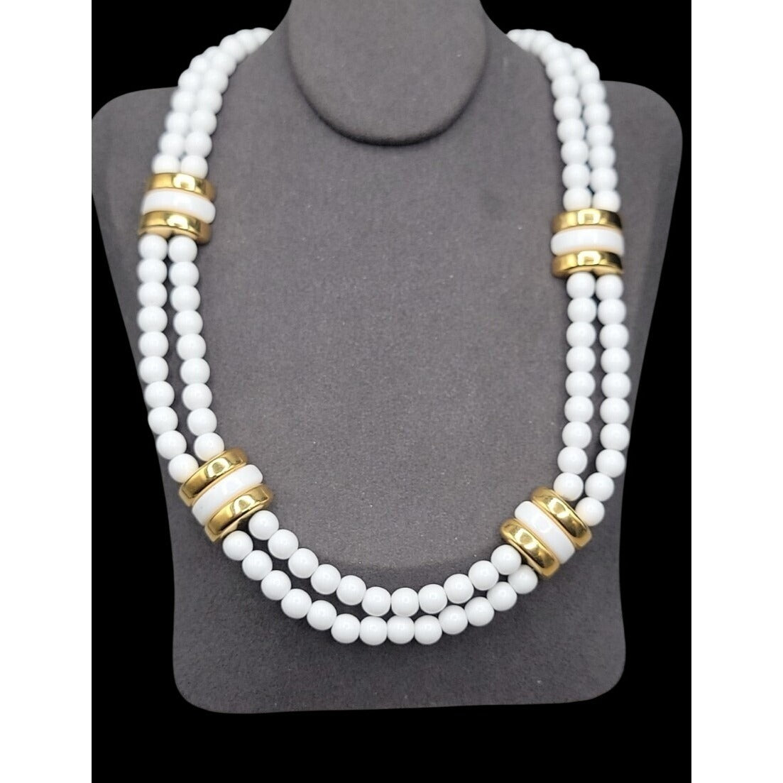 Vintage Monet Double Strand White & Gold Beaded 17" Choker Collar Necklace