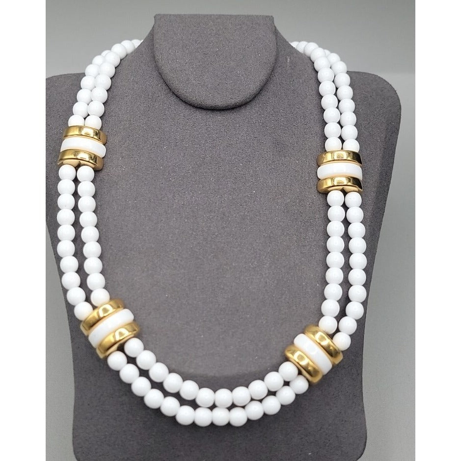 Vintage Monet Double Strand White & Gold Beaded 17" Choker Collar Necklace