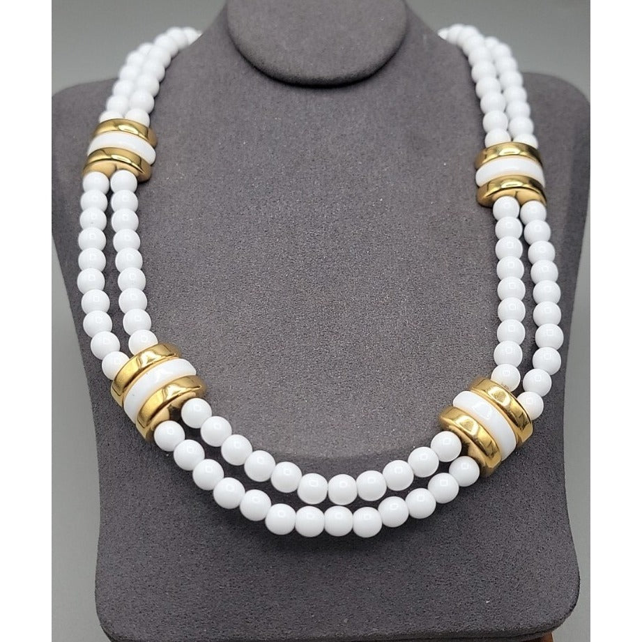 Vintage Monet Double Strand White & Gold Beaded 17" Choker Collar Necklace