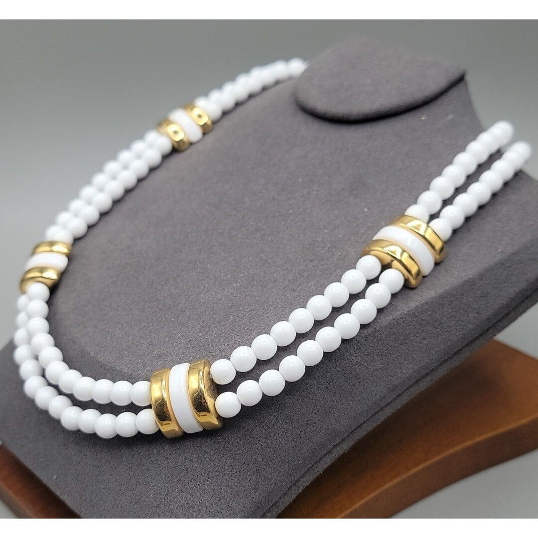 Vintage Monet Double Strand White & Gold Beaded 17" Choker Collar Necklace