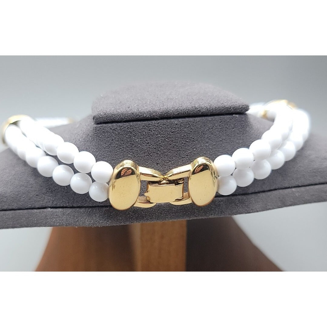 Vintage Monet Double Strand White & Gold Beaded 17" Choker Collar Necklace