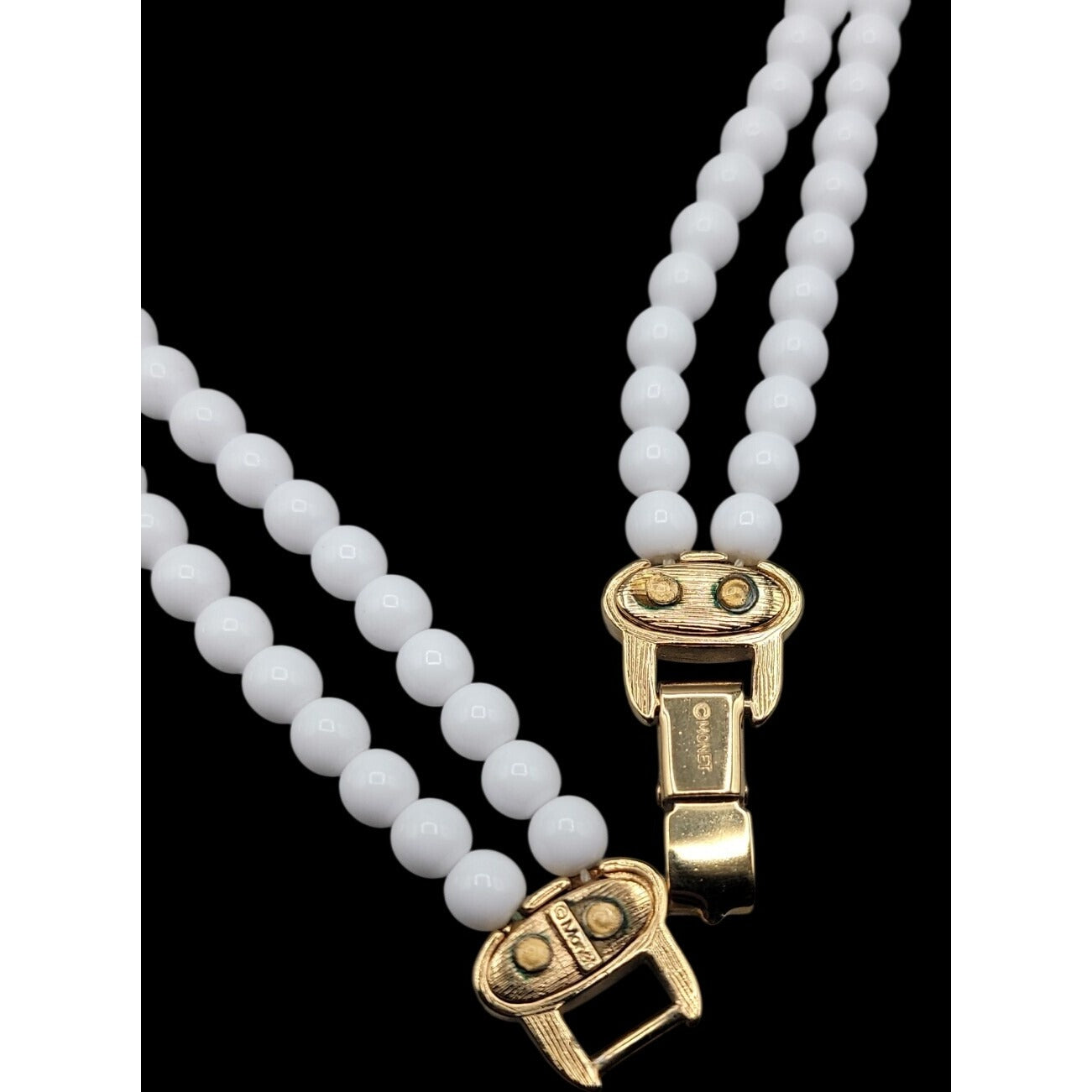 Vintage Monet Double Strand White & Gold Beaded 17" Choker Collar Necklace