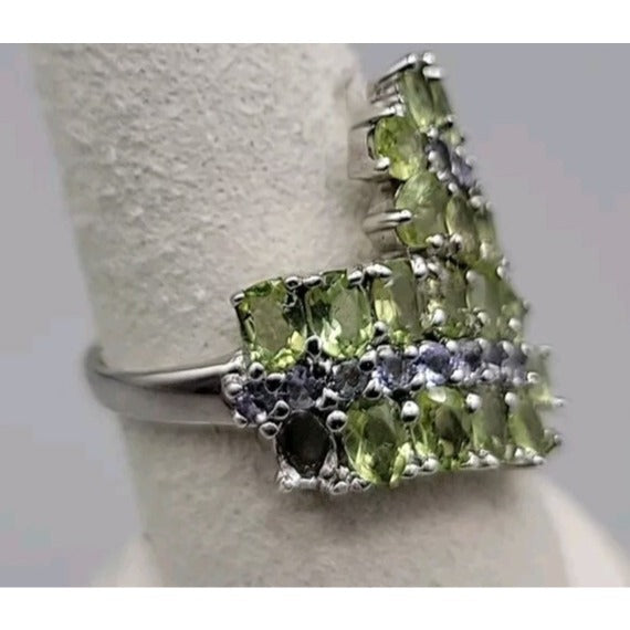 Sterling Silver 925 Peridot Tanzanite Bypass Cluster Ring 9 AS IS Missing Stone