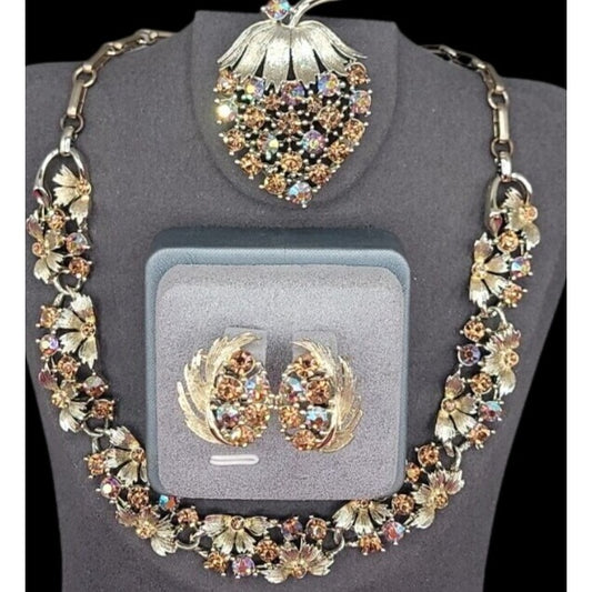 Vintage Lisner Parure Aurora Borealis Strawberry Jewelry Set Gold Tone ESTATE