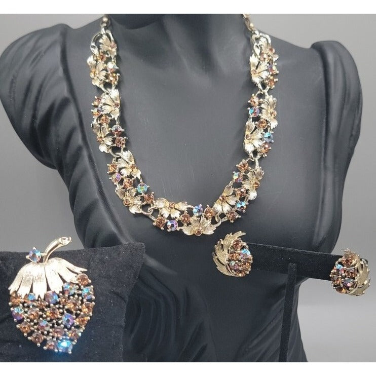 Vintage Lisner Parure Aurora Borealis Strawberry Jewelry Set Gold Tone ESTATE
