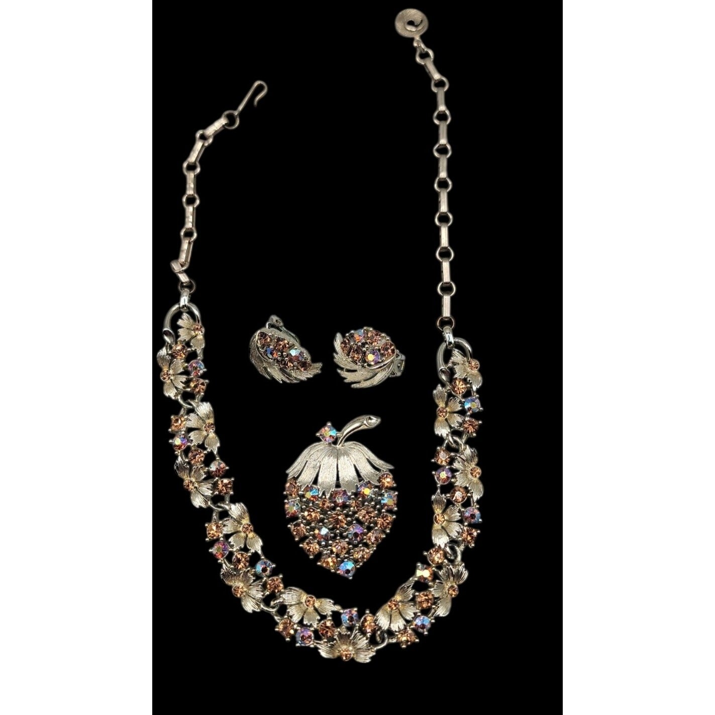 Vintage Lisner Parure Aurora Borealis Strawberry Jewelry Set Gold Tone ESTATE