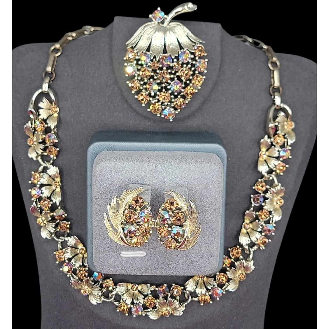 Vintage Lisner Parure Aurora Borealis Strawberry Jewelry Set Gold Tone ESTATE