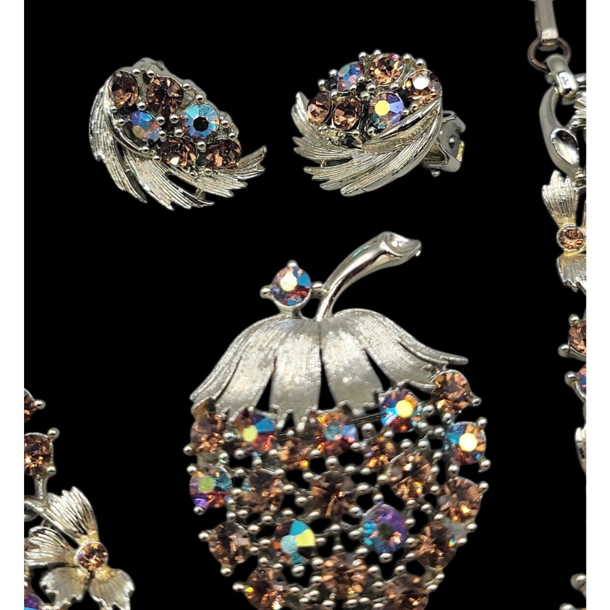 Vintage Lisner Parure Aurora Borealis Strawberry Jewelry Set Gold Tone ESTATE